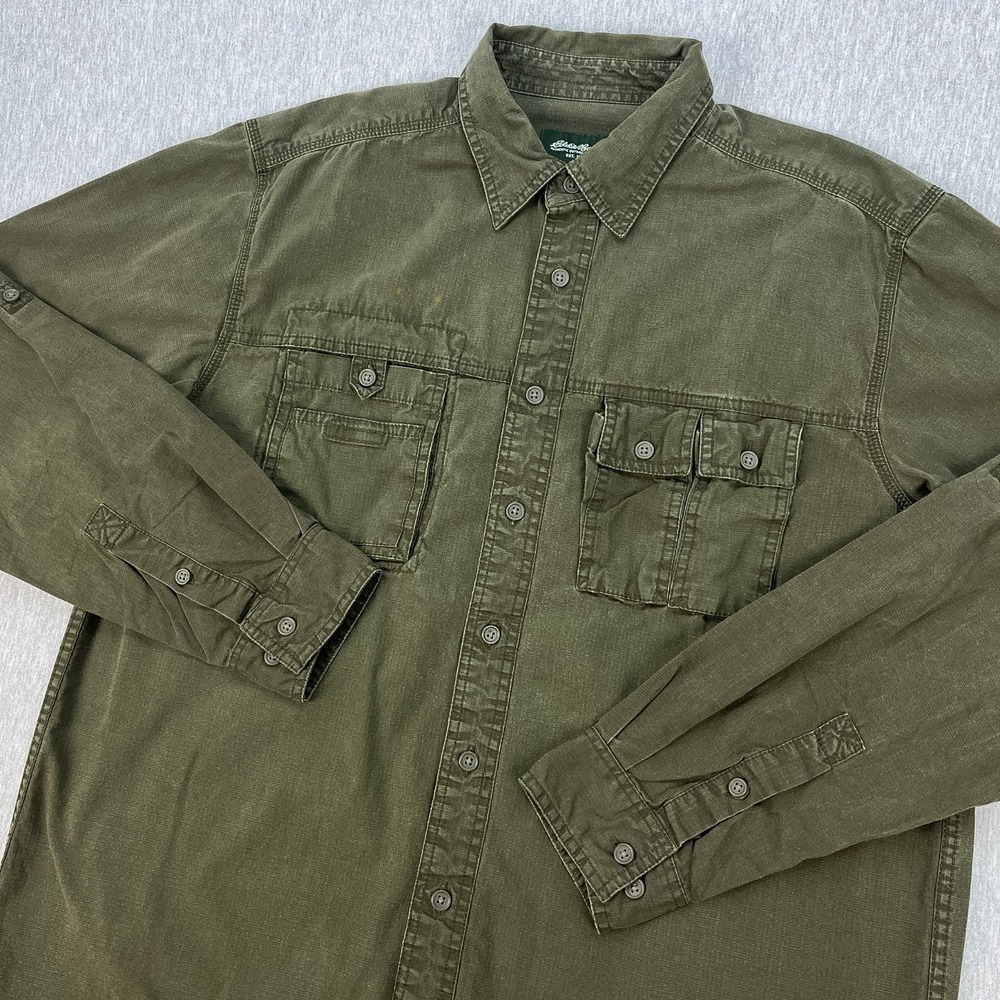 Vintage Eddie Bauer Rugged Safari Work Shirt Mens L Tall Olive Green Ripstop